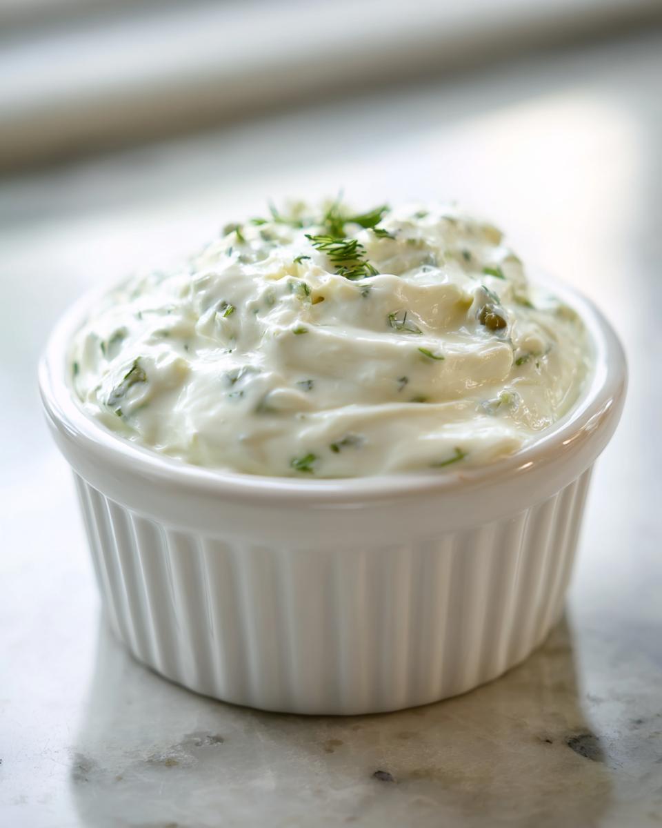 Close-up of creamy homemade tartar sauce topped with fresh dill, served in a small white fluted ramekin.