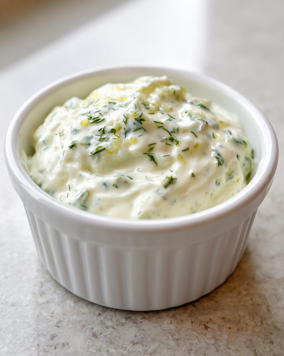Close-up of creamy homemade tartar sauce mixed with green herbs, served in a white fluted ramekin.