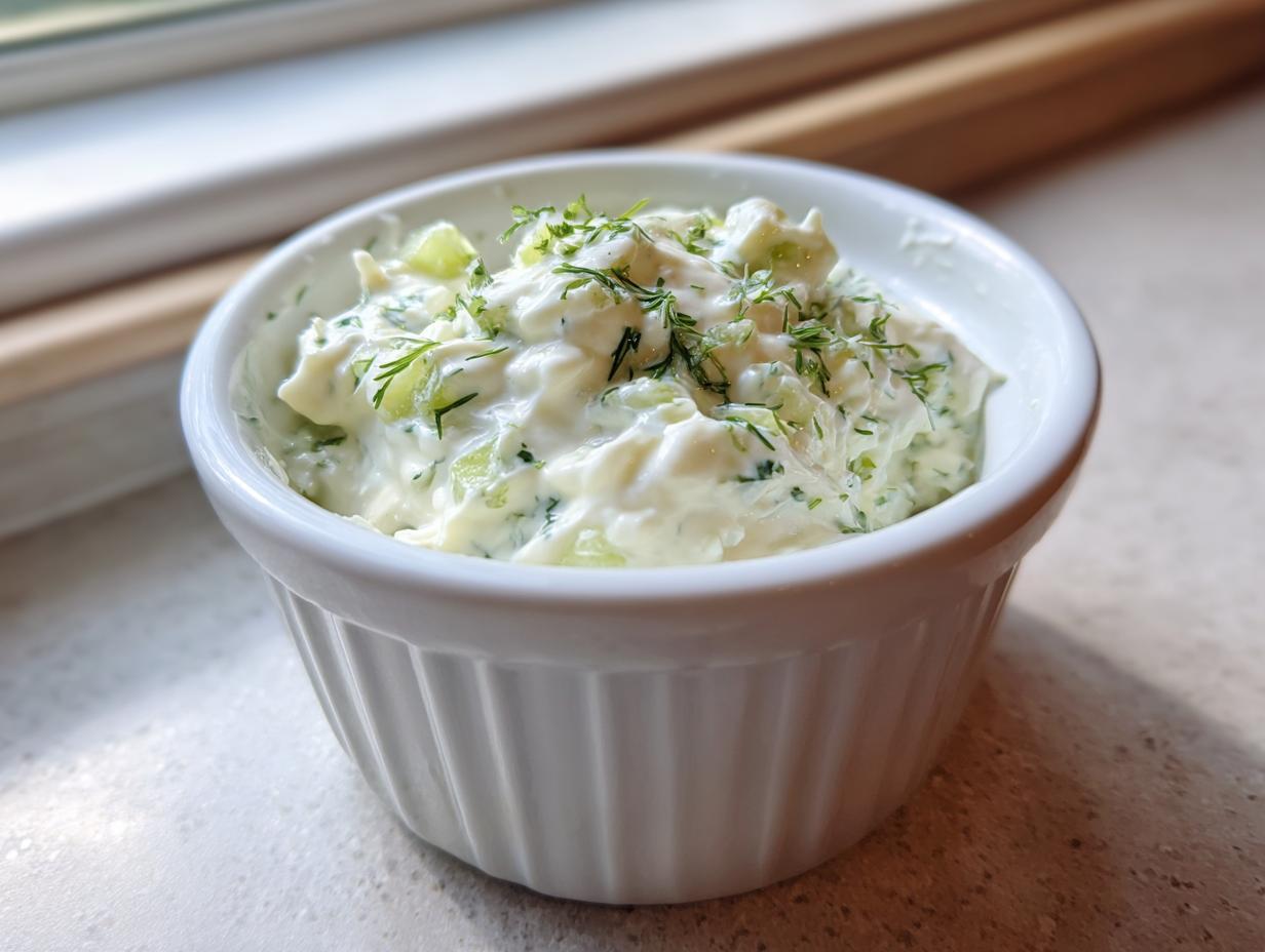 A close-up of creamy homemade tartar sauce garnished with fresh dill in a small white bowl.