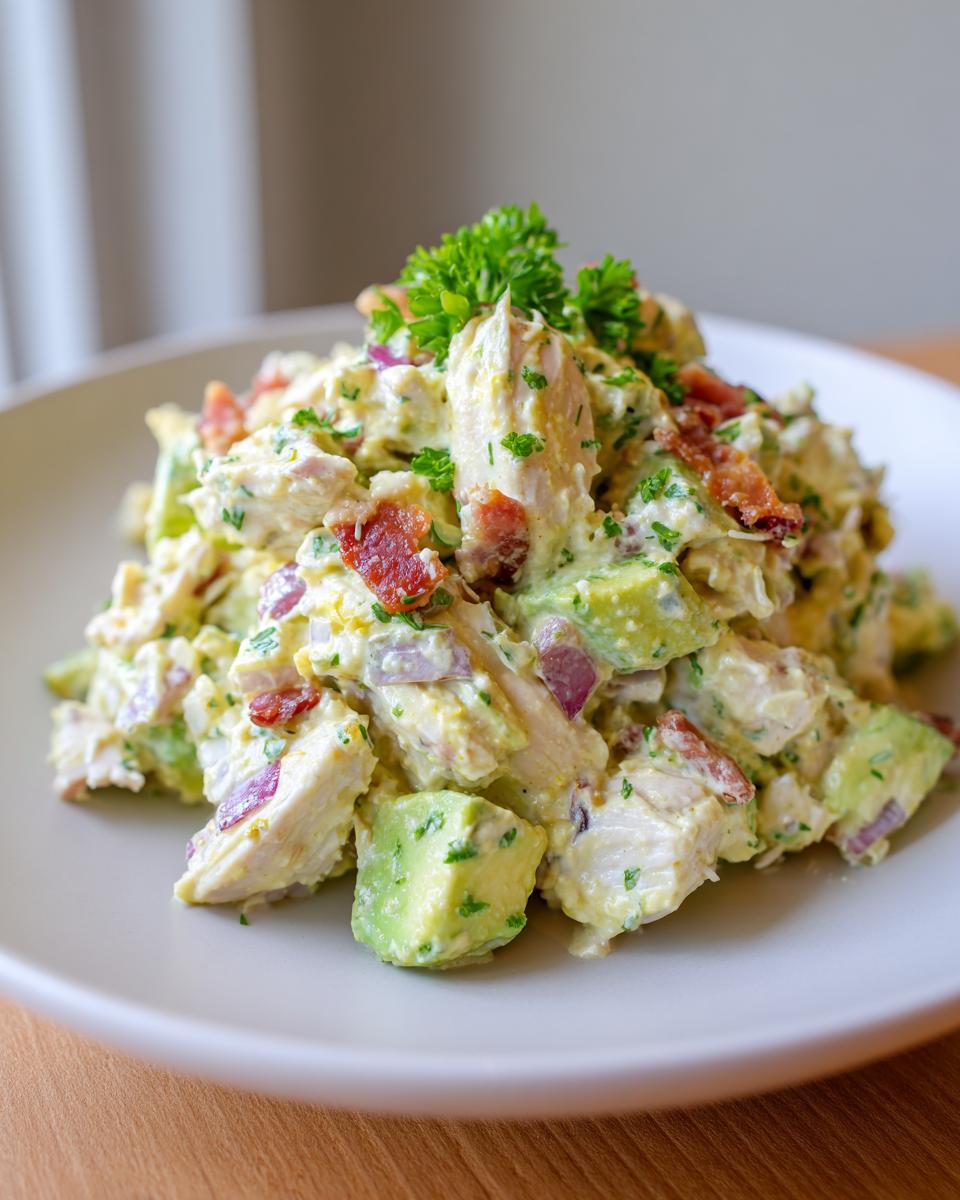 A close-up of a mound of honey mustard chicken salad mixed with avocado chunks, bacon, and red onion, garnished with parsley.