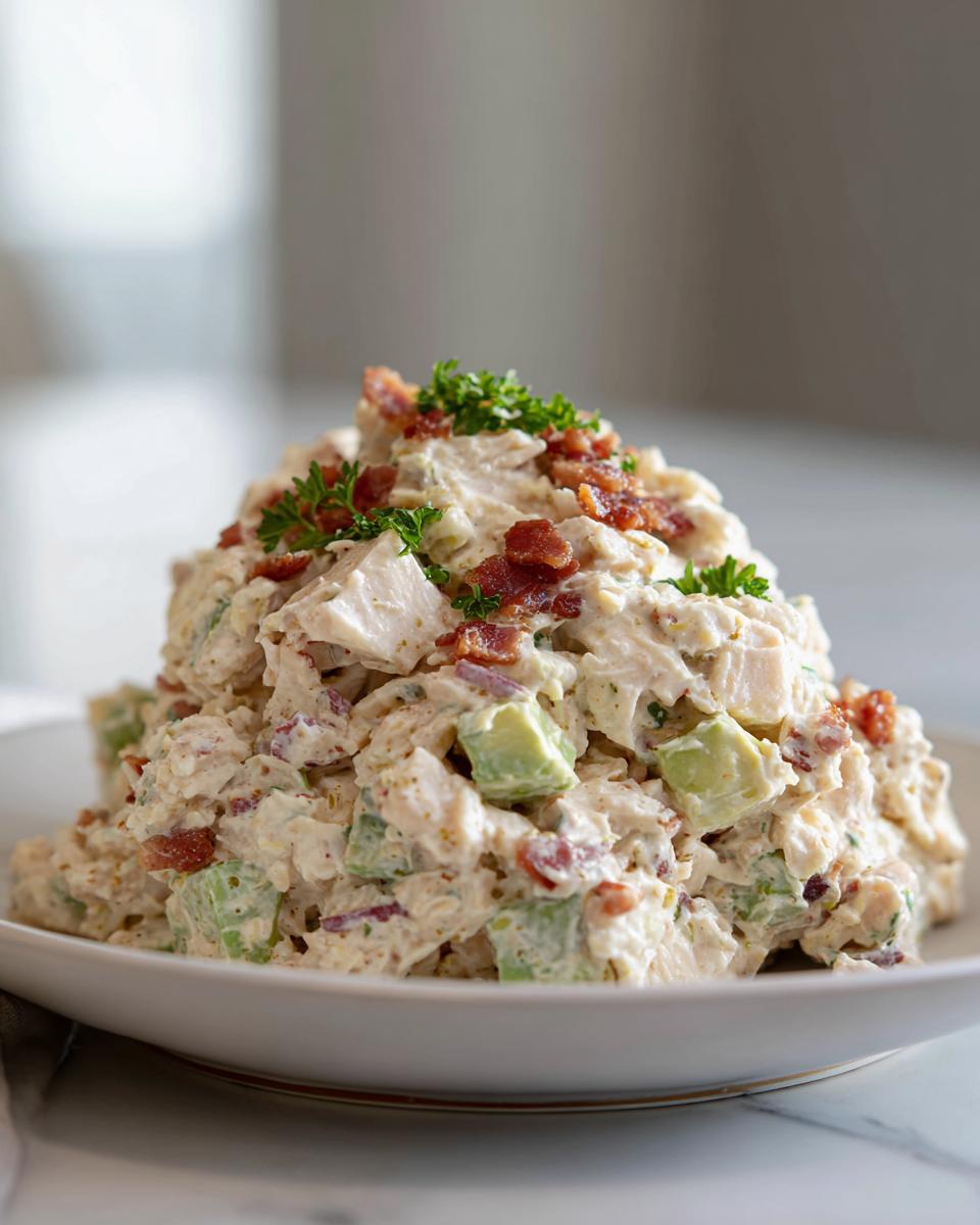 A generous serving of creamy honey mustard chicken salad mixed with chunks of avocado and topped with crispy bacon bits and parsley.