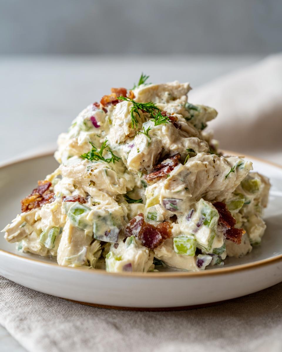 A mound of creamy honey mustard chicken salad mixed with celery and bacon bits, garnished with fresh dill.