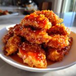 A close-up of crispy hot honey chicken tenders piled high on a white plate, drizzled with glaze and sprinkled with sesame seeds.