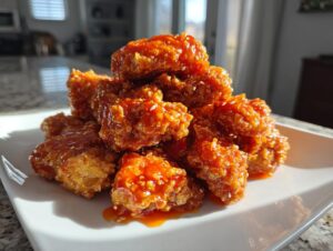 A pile of crispy, glazed hot honey chicken tenders sprinkled with sesame seeds on a white plate.