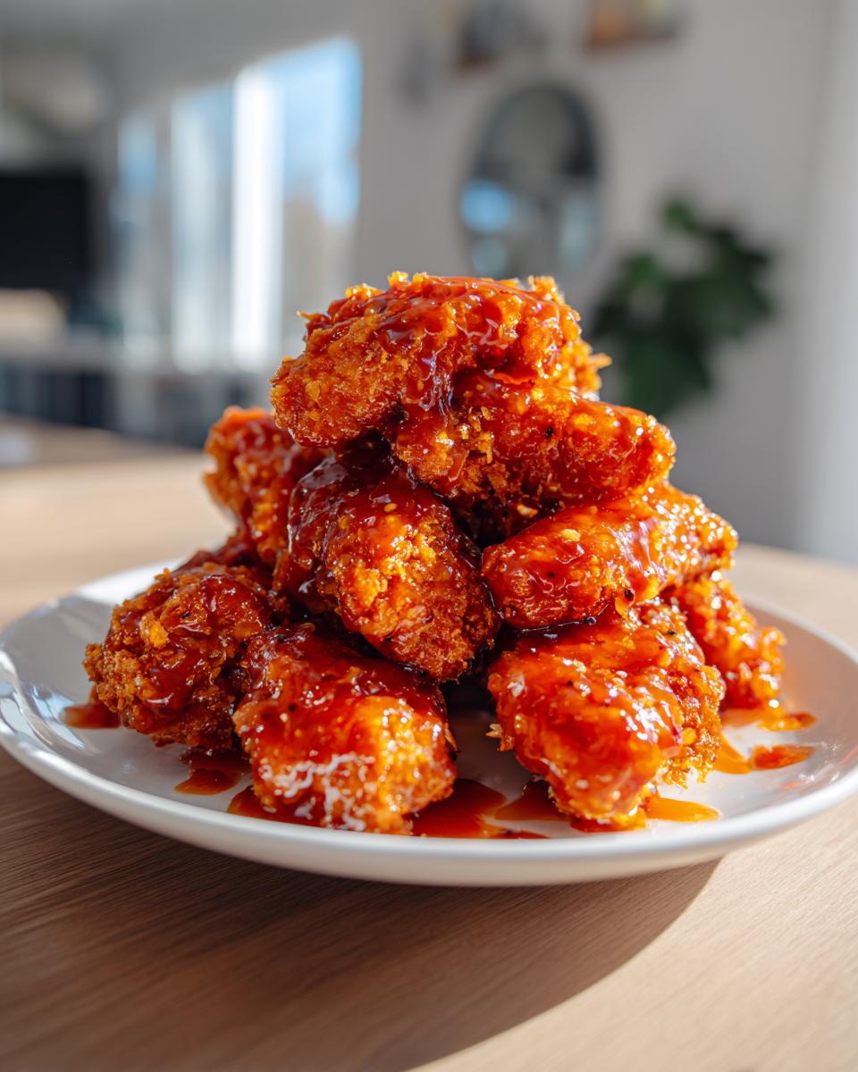 A stack of crispy, deep-fried hot honey chicken tenders generously coated in a glossy, spicy-sweet glaze on a white plate.