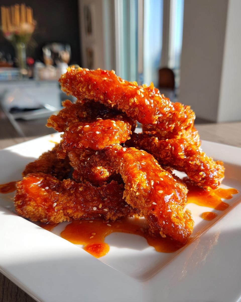 A stack of crispy, glazed hot honey chicken tenders sprinkled with sesame seeds, resting on a white plate.