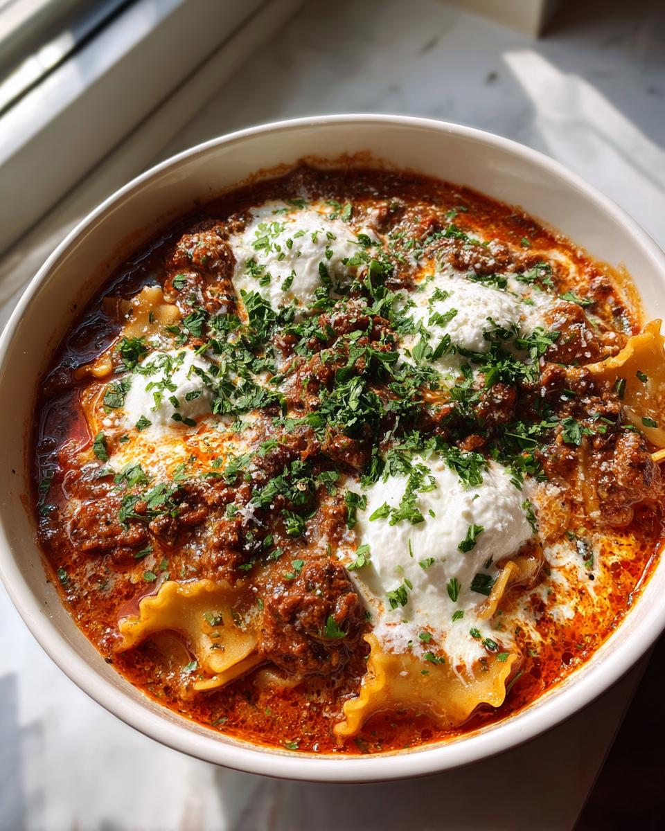 A close-up of a bowl of rich Instant Pot Lasagna Soup topped with dollops of ricotta cheese and fresh parsley.