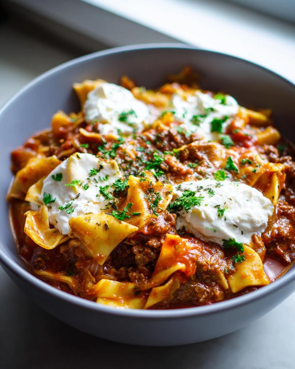 Close-up of a bowl of rich Instant Pot Lasagna Soup topped with dollops of ricotta cheese and fresh parsley.