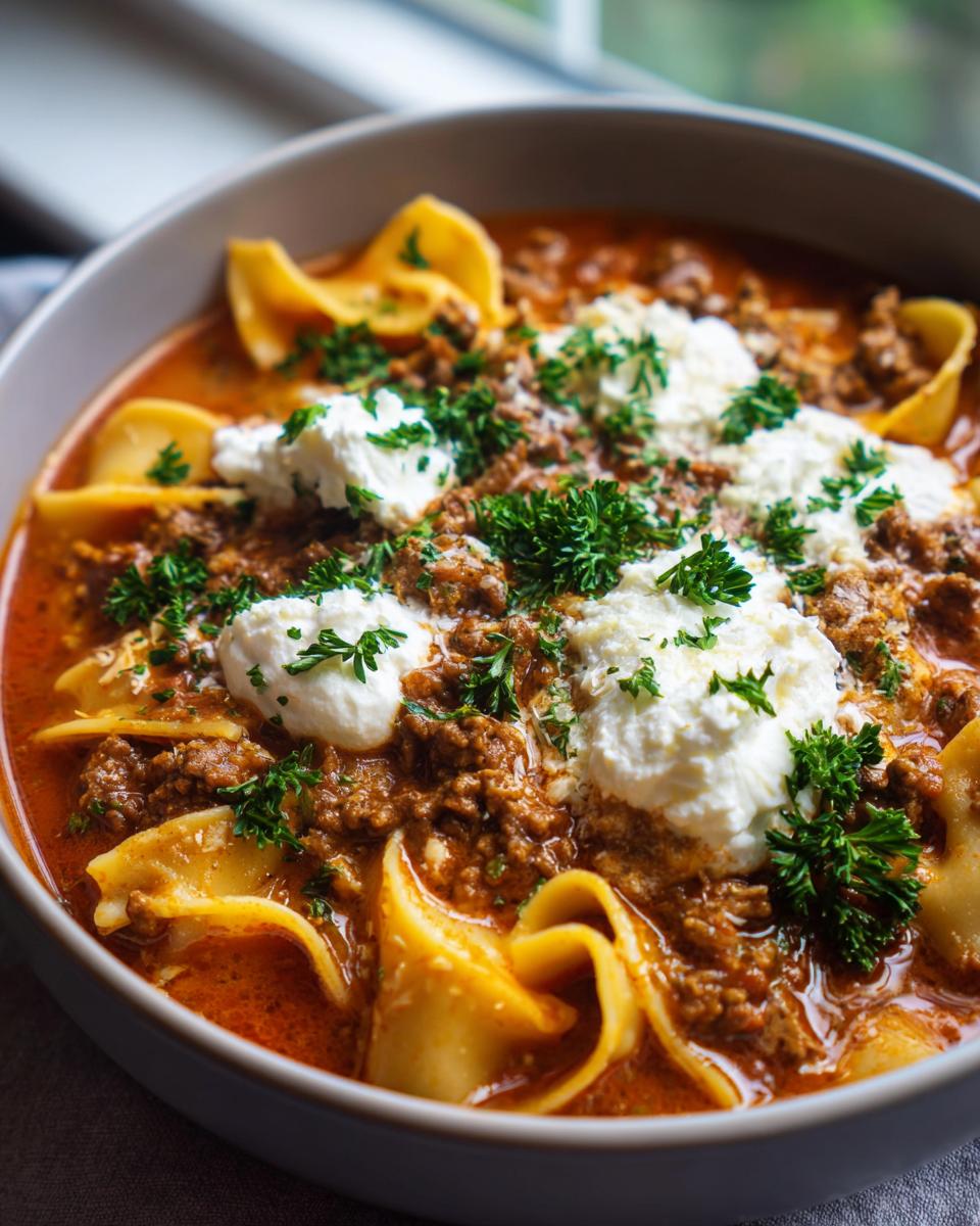 Close-up of a hearty bowl of instant pot lasagna soup featuring ground meat, pasta, and dollops of ricotta cheese garnished with parsley.