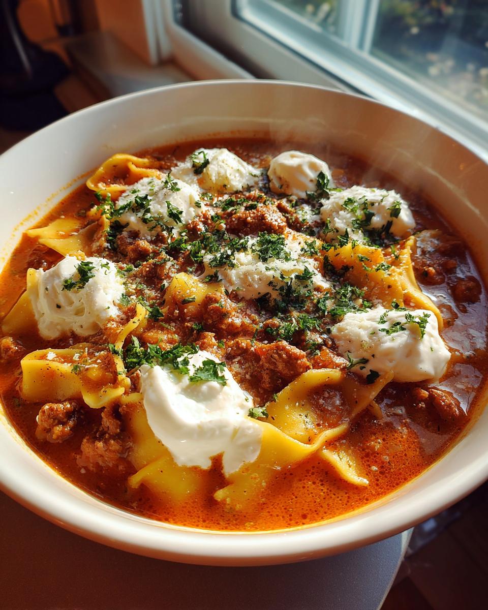 A close-up of a steaming bowl of instant pot lasagna soup, topped with dollops of ricotta cheese and fresh parsley.