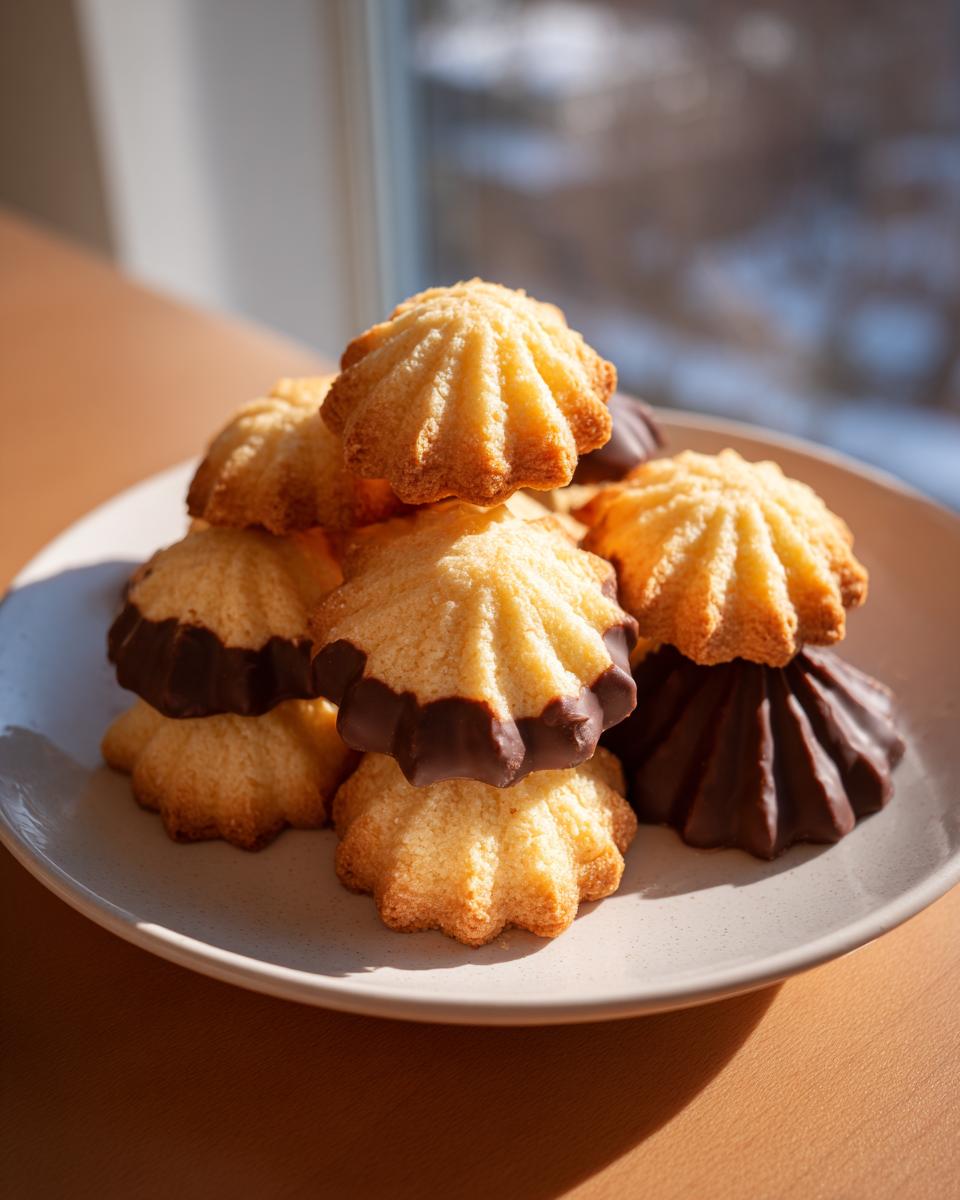 A stack of golden Italian butter cookies, some partially dipped in dark chocolate, resting on a light plate.