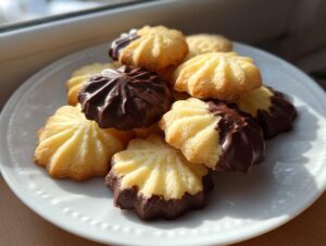 A pile of freshly baked italian butter cookies, some dipped in dark chocolate, served on a white plate.