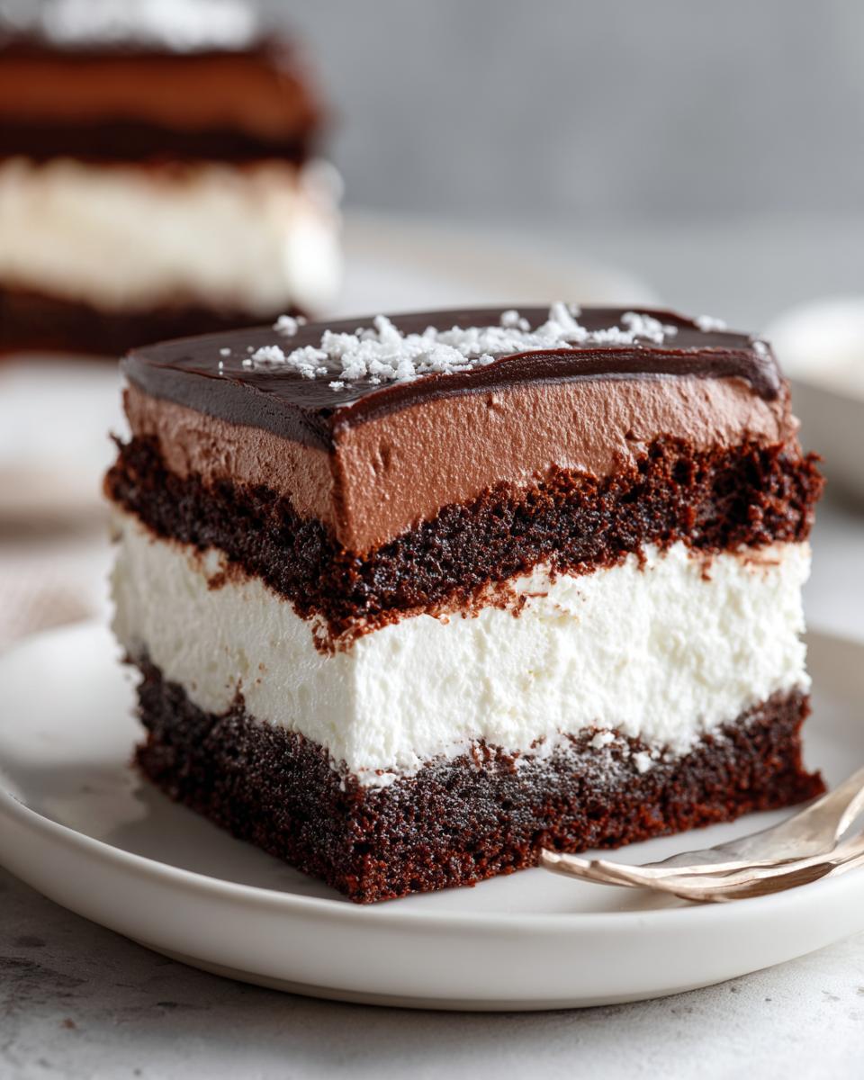 Close-up of a rich slice of Italian love cake with dark chocolate cake, white cream layer, and chocolate mousse top.