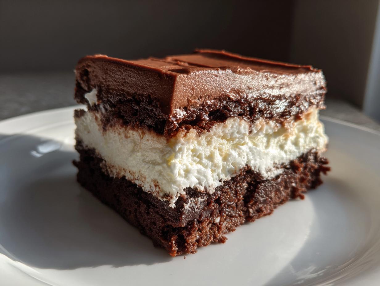 A decadent slice of Italian love cake featuring dark chocolate cake layers, a thick white cream filling, and chocolate frosting.