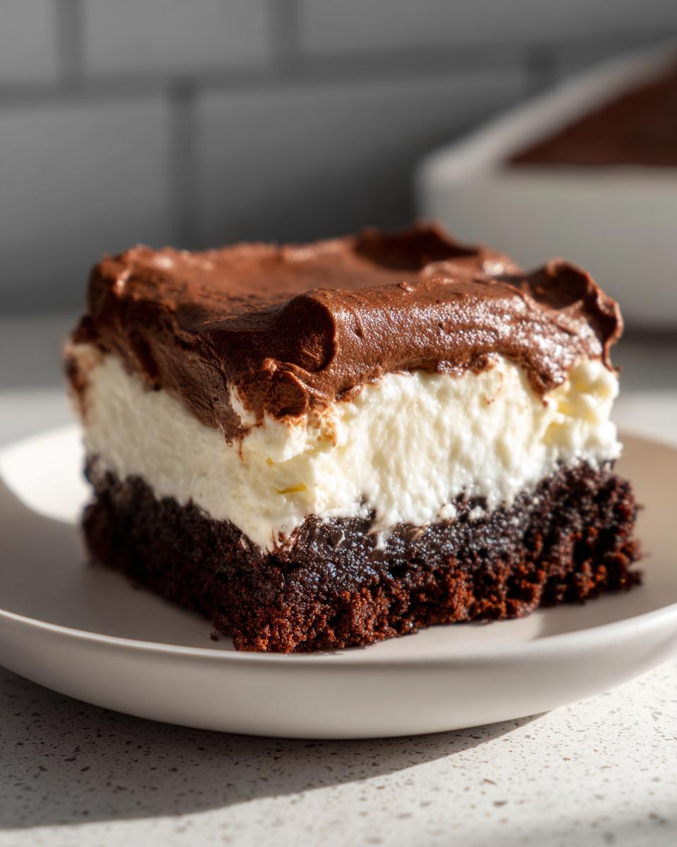 A rich, layered slice of Italian love cake featuring a dark chocolate base, white creamy layer, and chocolate frosting.