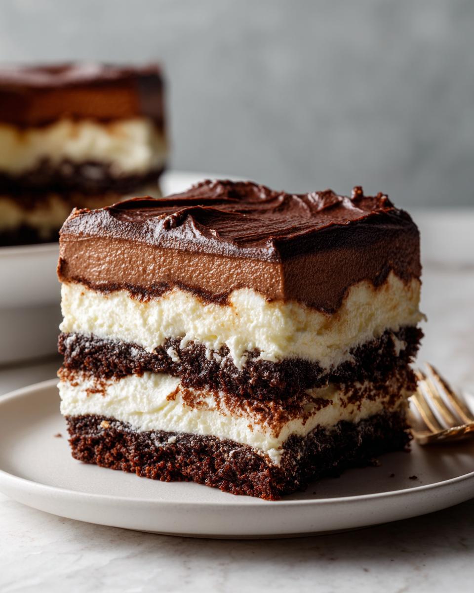 A decadent slice of Italian love cake showing distinct layers of dark chocolate cake, white cream filling, and a thick chocolate mousse topping.