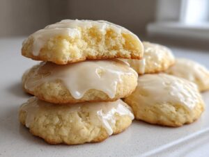 A stack of soft italian ricotta cookies topped with a thick, dripping white glaze, one cookie broken open.