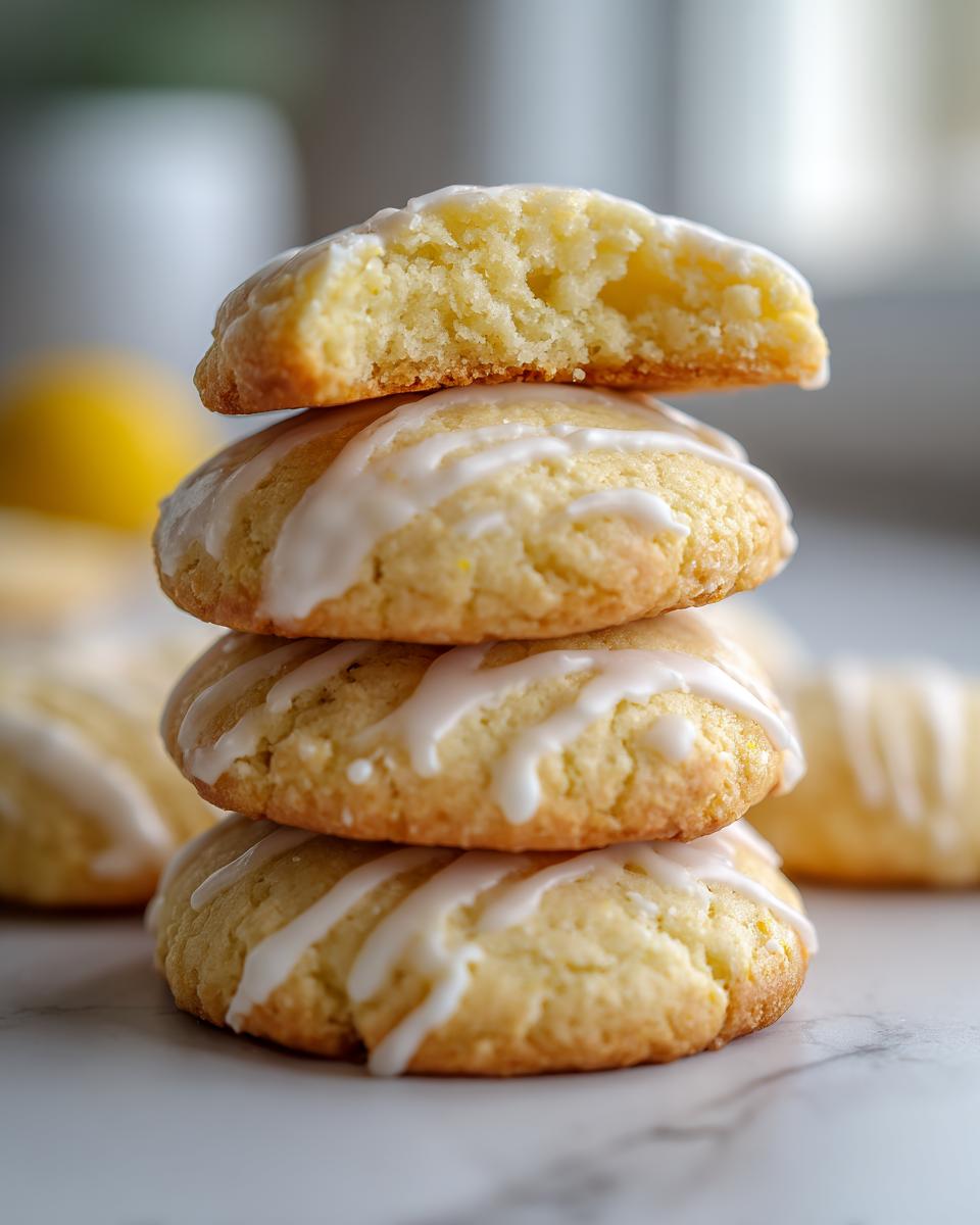 A stack of three soft Italian ricotta cookies drizzled with white glaze, with the top cookie broken open to show the texture.