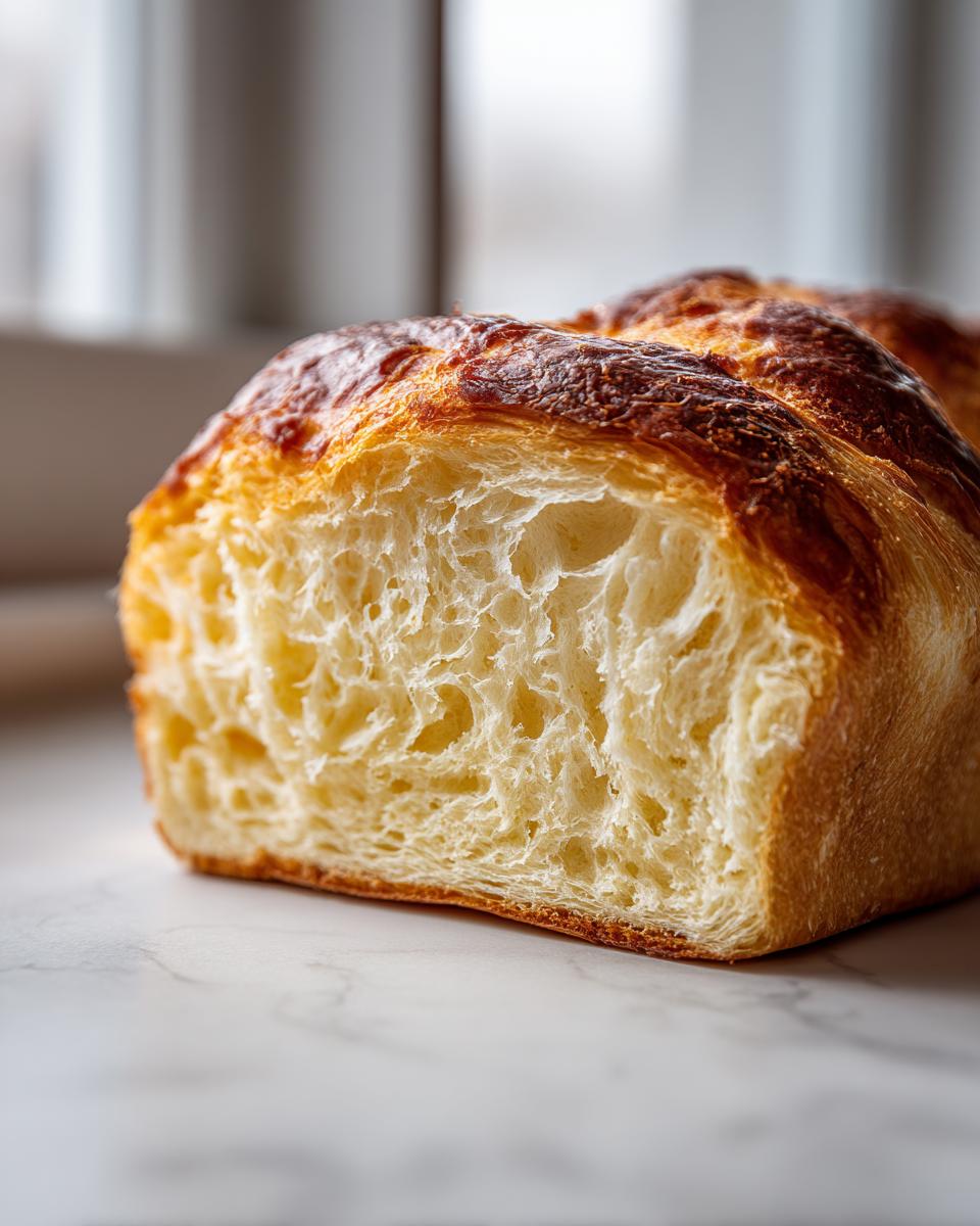 Close-up of the fluffy, airy interior crumb of freshly baked japanese milk bread with a golden-brown crust.