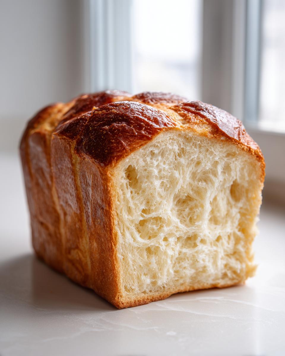 A close-up of a freshly baked loaf of japanese milk bread, showing its incredibly soft, fluffy, and stringy interior crumb.