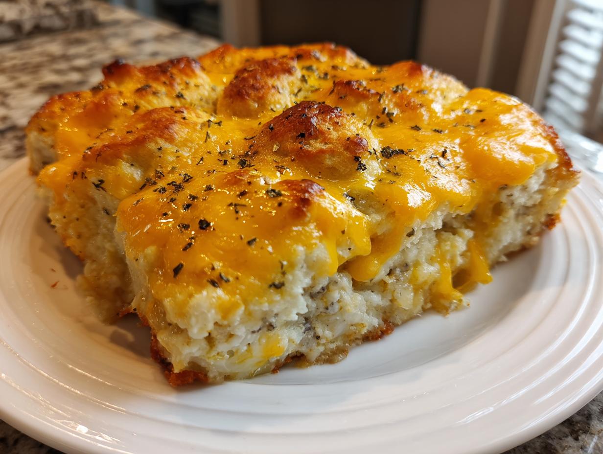 Close-up of a baked slice of john wayne casserole topped with melted cheddar cheese and herbs.