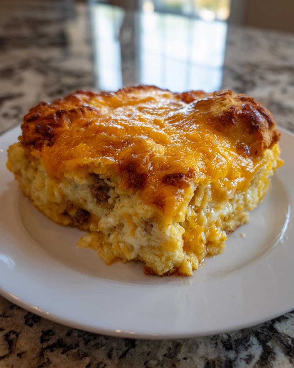 A square serving of john wayne casserole topped with melted, browned cheddar cheese, served on a white plate.