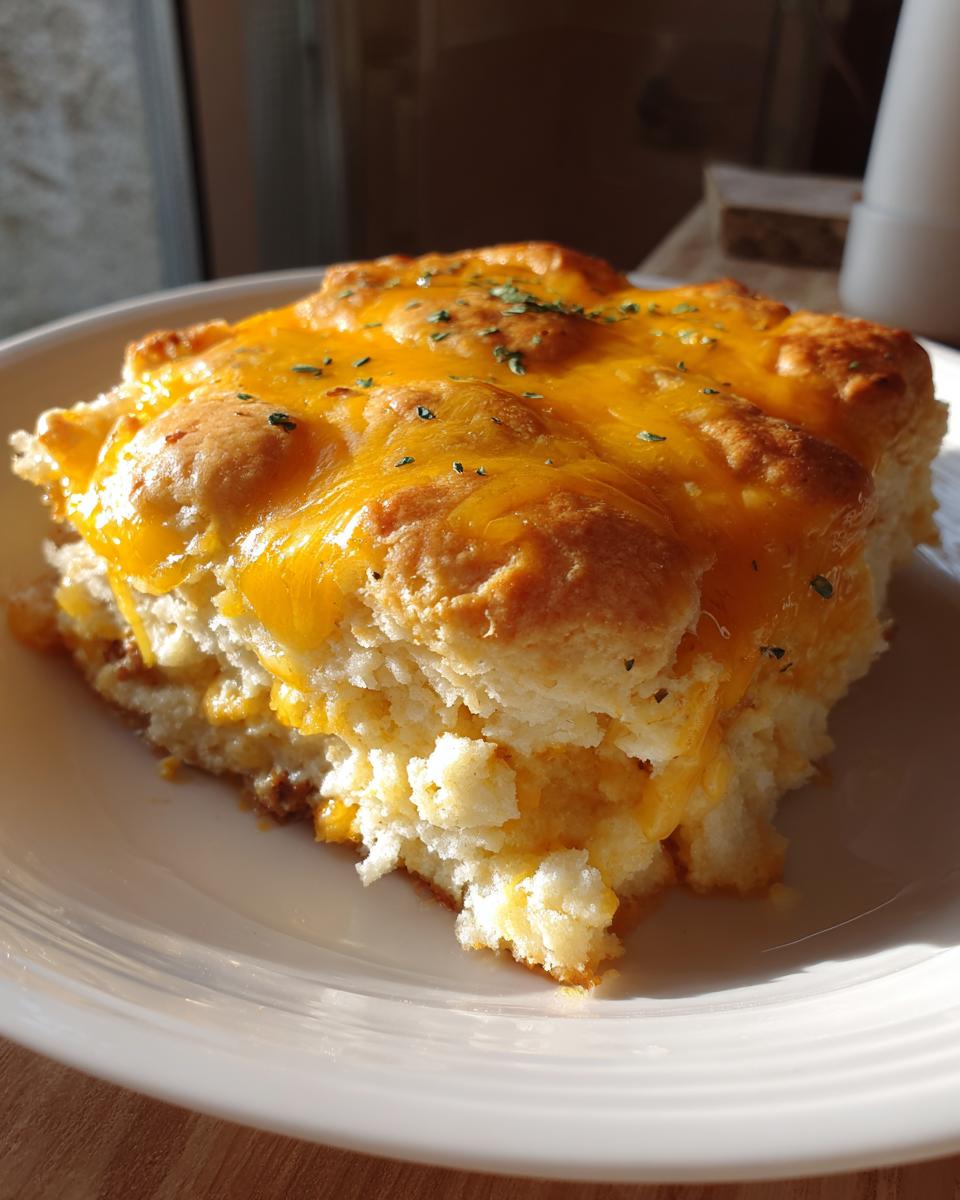 A square serving of john wayne casserole topped with melted cheddar cheese and herbs on a white plate.