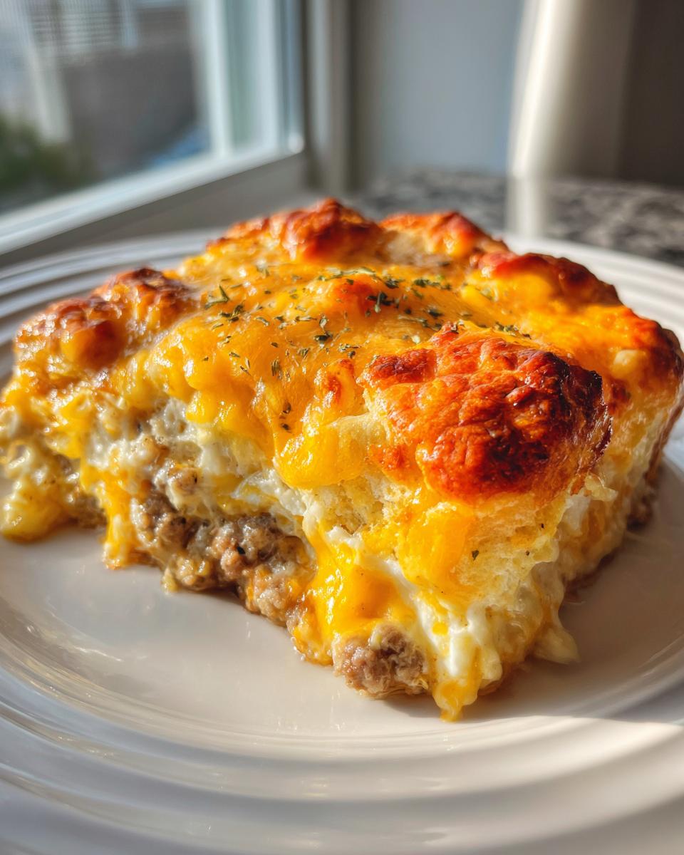 A close-up serving of baked john wayne casserole featuring layers of ground meat, creamy filling, and a bubbly, browned cheddar cheese topping.