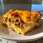 A hearty slice of john wayne casserole featuring layers of biscuit base, creamy filling, seasoned ground meat, and melted cheddar cheese topping.