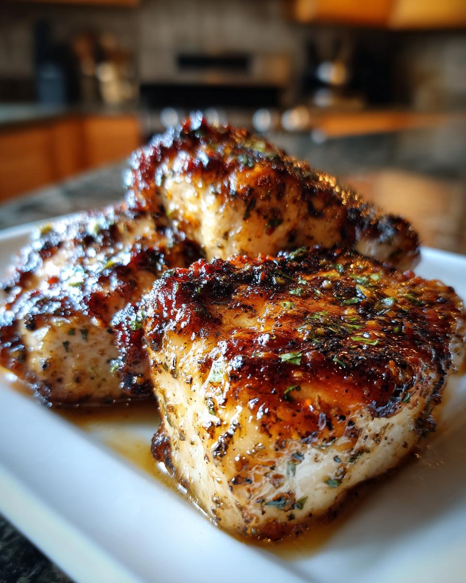 Three pieces of perfectly cooked, glazed chicken breasts showing a rich, dark crust from the amazing chicken marinade.