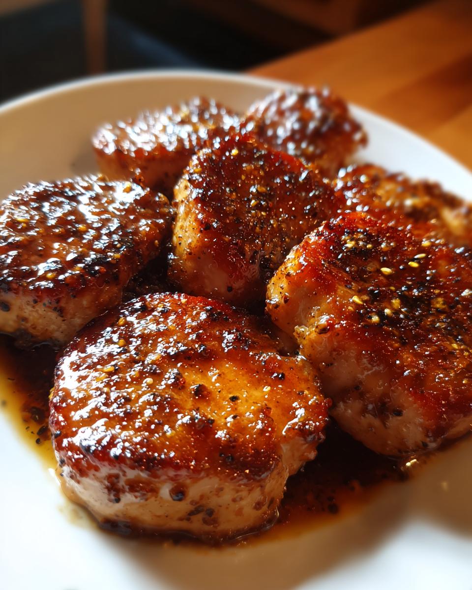 Close-up of six thick, round pieces of chicken coated in a dark, glistening glaze from the chicken marinade.