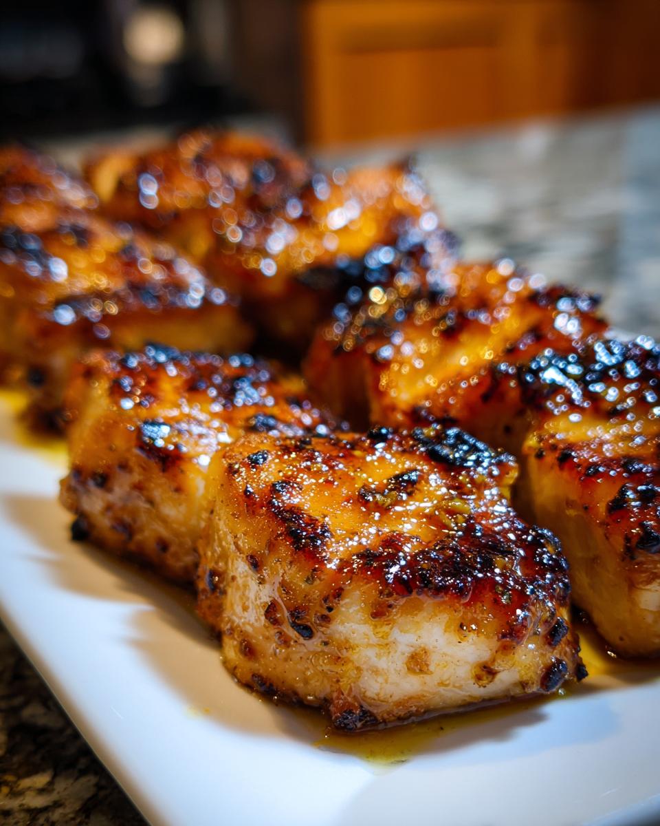 Close-up of perfectly cooked, glazed chicken pieces showing char marks from the amazing chicken marinade.