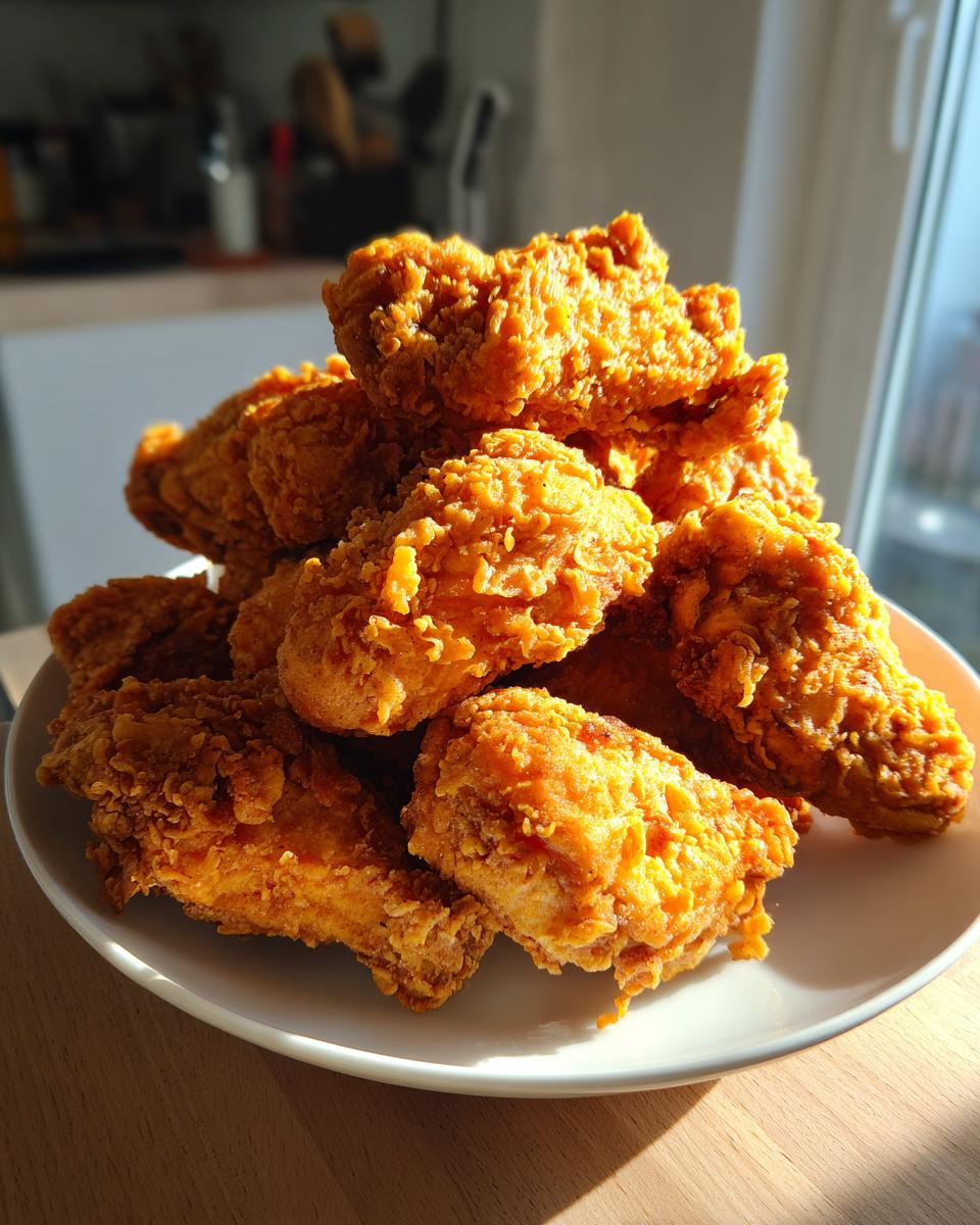 A large pile of golden brown, crispy fried chicken wings stacked high on a white plate in bright sunlight.