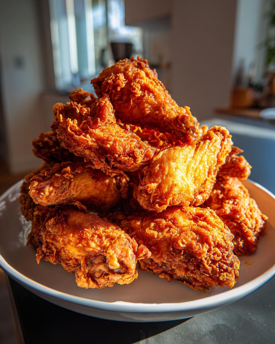 A tall pile of golden-brown, crispy fried chicken wings stacked high on a white plate.