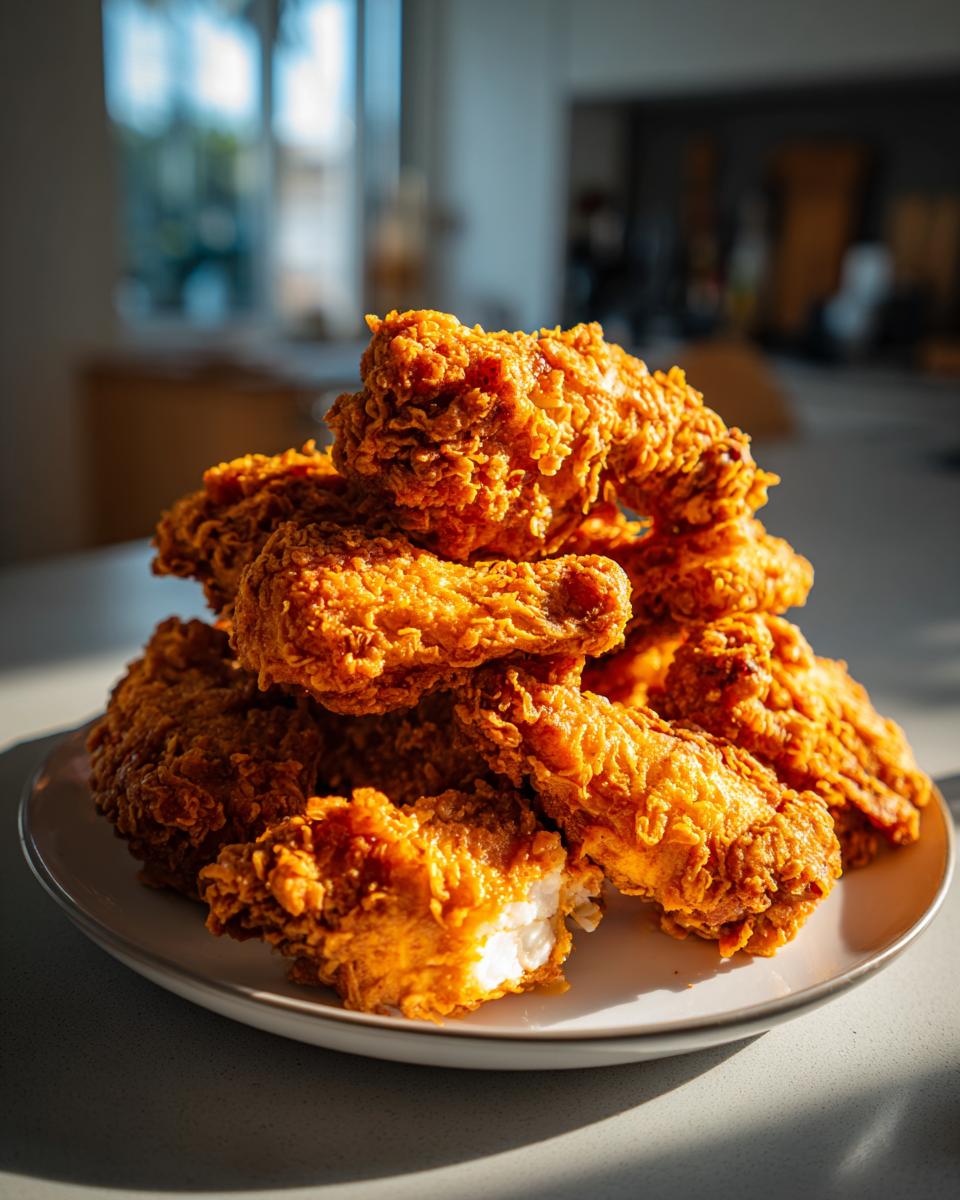 A tall pile of golden brown, crispy fried chicken wings stacked on a white plate, showing juicy white meat inside one piece.