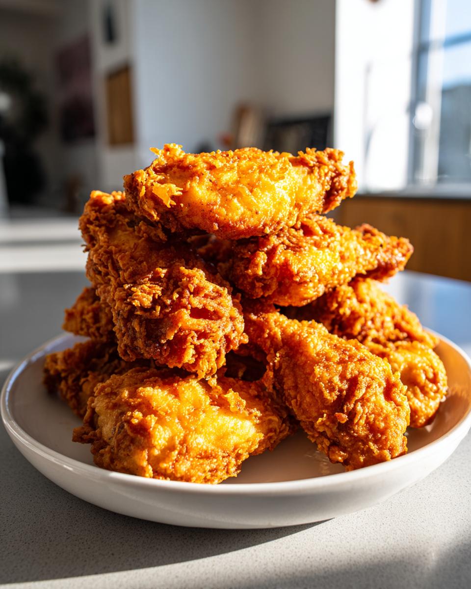 A tall stack of perfectly golden, crispy fried chicken wings piled high on a white plate.