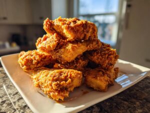 A tall stack of golden brown, crispy fried chicken wings piled high on a white rectangular plate.