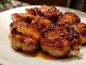 Close-up of several thick, juicy pieces of glazed chicken, showing a rich brown sear from the amazing chicken marinade.