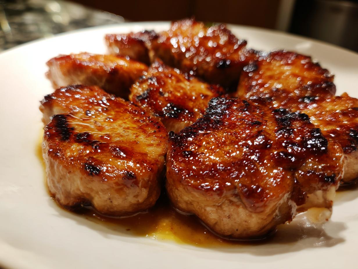 Close-up of several thick, juicy pieces of glazed chicken, showing a rich brown sear from the amazing chicken marinade.