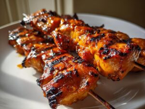 Close-up of perfectly grilled, glazed chicken skewers showing char marks resting on a white plate.