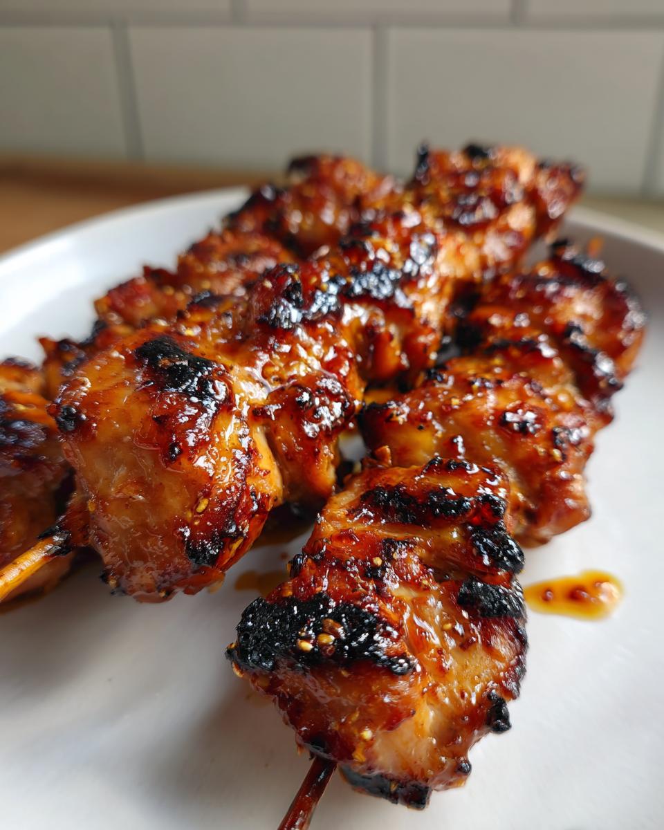 Close-up of several perfectly grilled, glazed chicken skewers resting on a white plate.