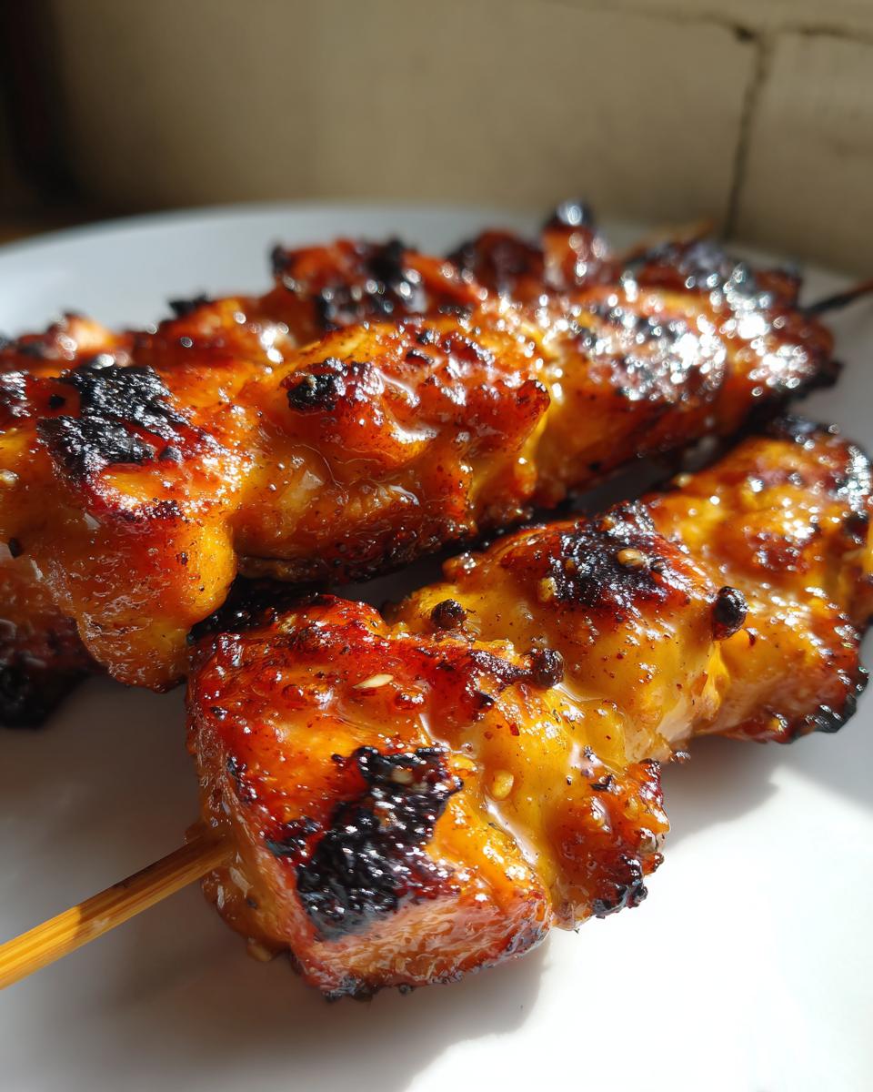 Close-up of several perfectly grilled, glazed chicken skewers showing caramelized char marks.
