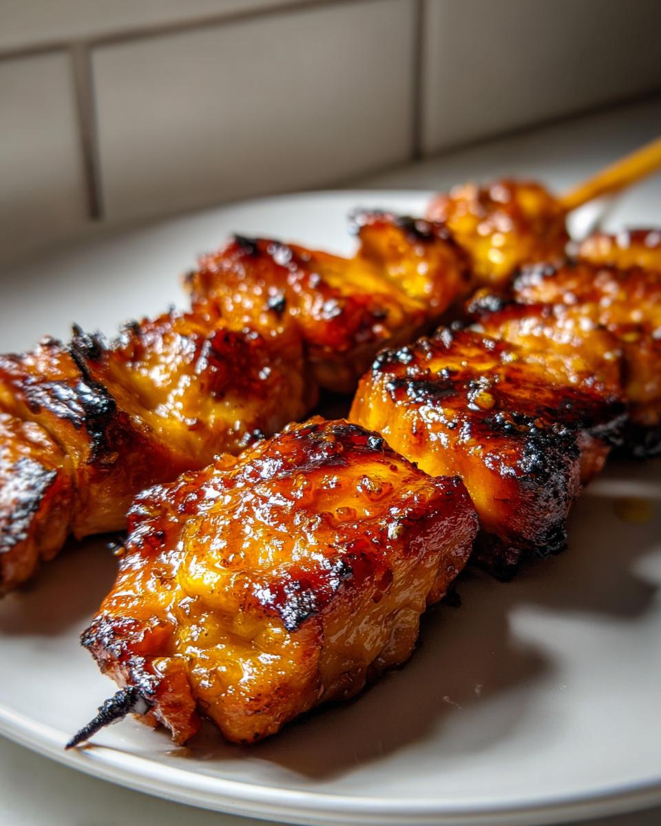 Close-up of perfectly grilled, glazed chicken skewers with caramelized, slightly charred edges.