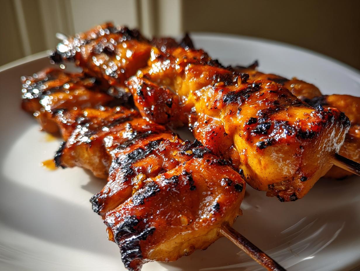 Close-up of perfectly grilled, glazed chicken skewers showing char marks resting on a white plate.