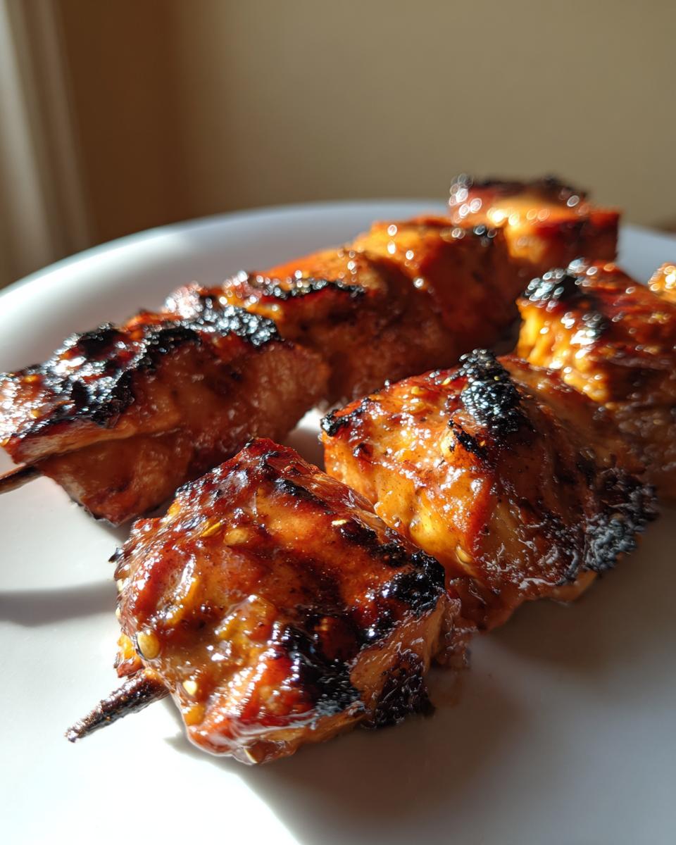 Close-up of juicy, grilled chicken skewers coated in a sticky, caramelized glaze, resting on a white plate.
