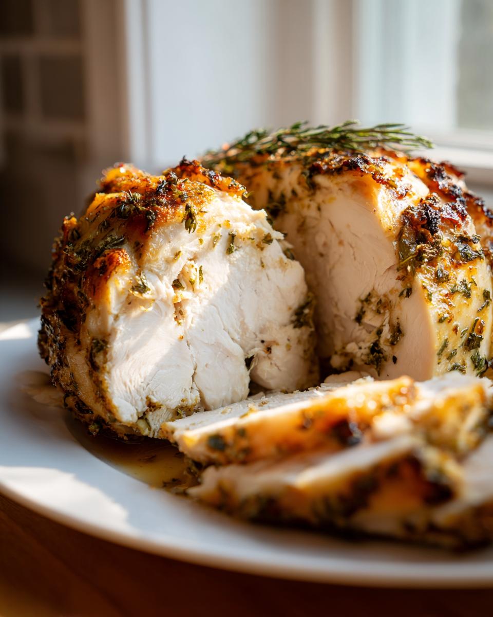 A close-up of a perfectly cooked, sliced slow cooker turkey breast seasoned with herbs and rosemary.
