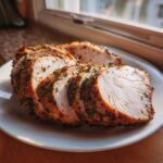 Close-up of perfectly cooked, sliced slow cooker turkey breast seasoned with herbs on a white plate.