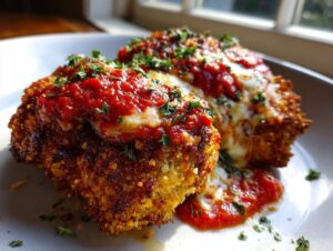 Two pieces of golden-brown keto chicken parmesan topped with melted white cheese and rich marinara sauce, sprinkled with parsley.
