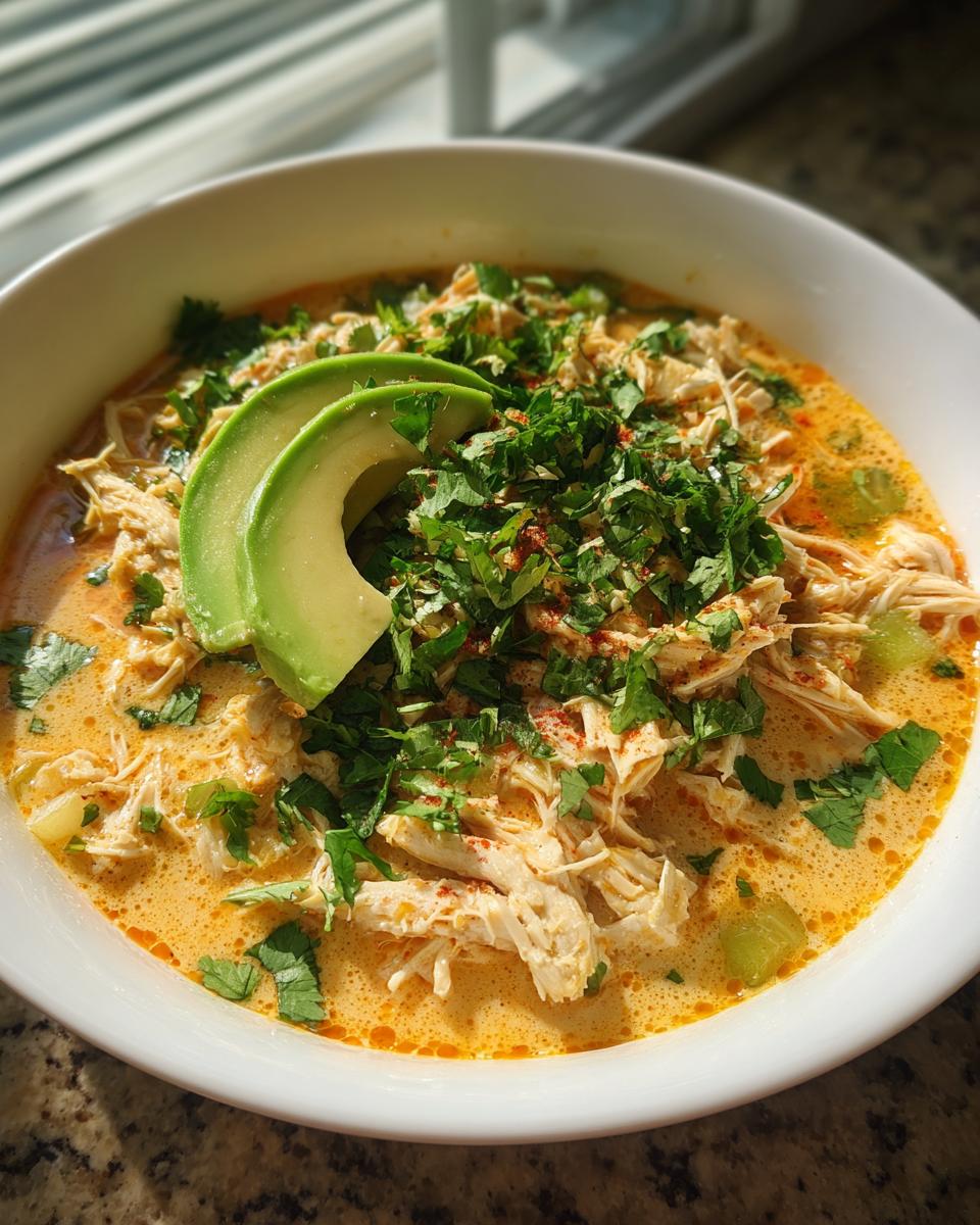 A close-up of a bowl of creamy keto white chicken chili, topped with shredded chicken, fresh cilantro, and avocado slices.
