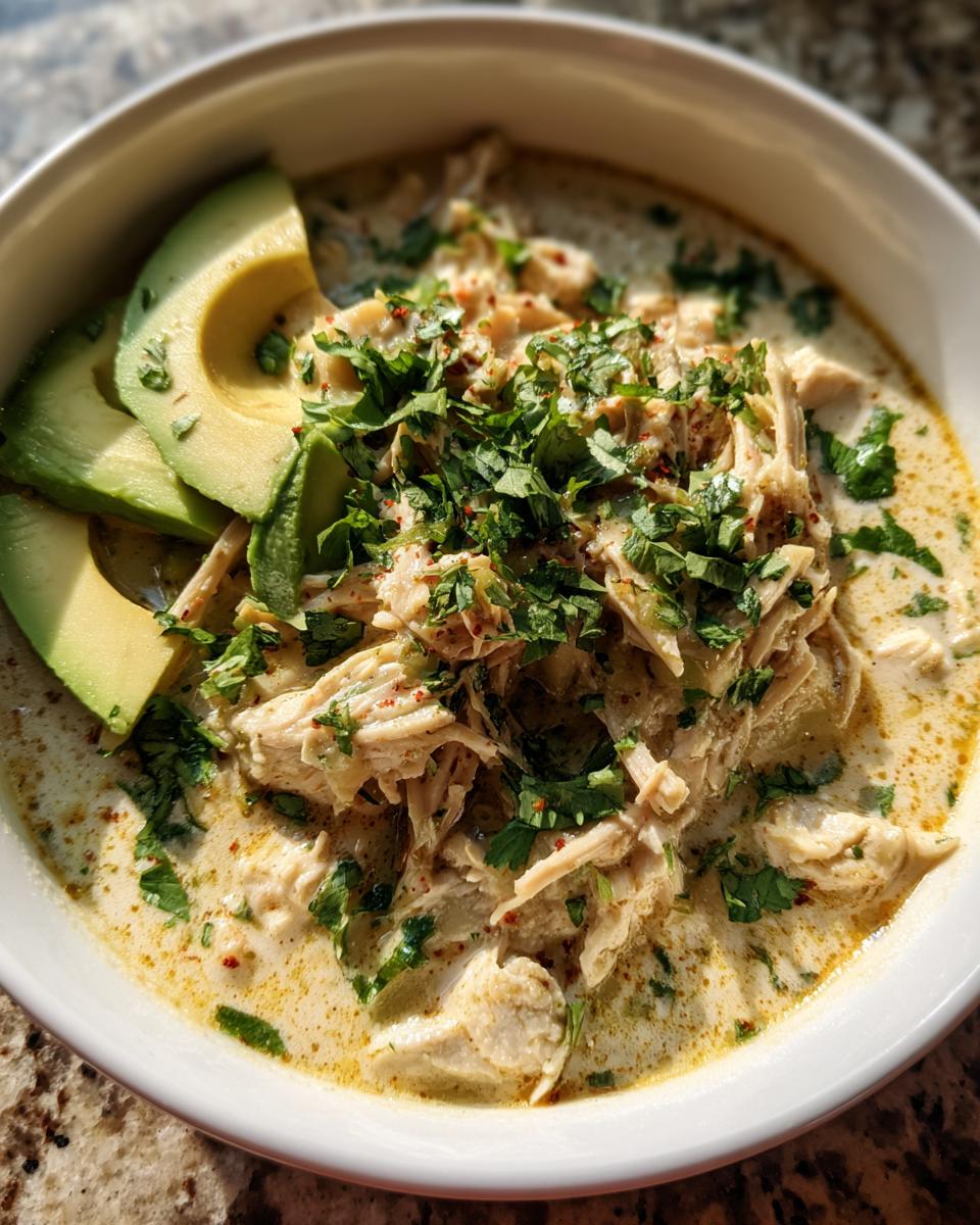 Close-up of a creamy bowl of keto white chicken chili topped with shredded chicken, fresh cilantro, and sliced avocado.